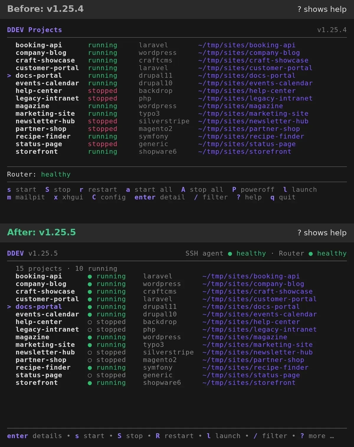 ddev tui help in v1.25.4 (top) and v1.25.5 (bottom)
